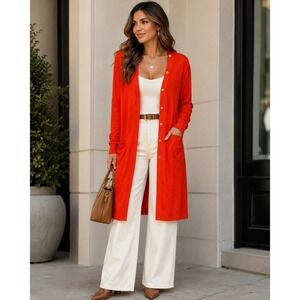 Lafayette 148 New York Women's Large Orange Longline Cardigan Cotton Blend Luxe